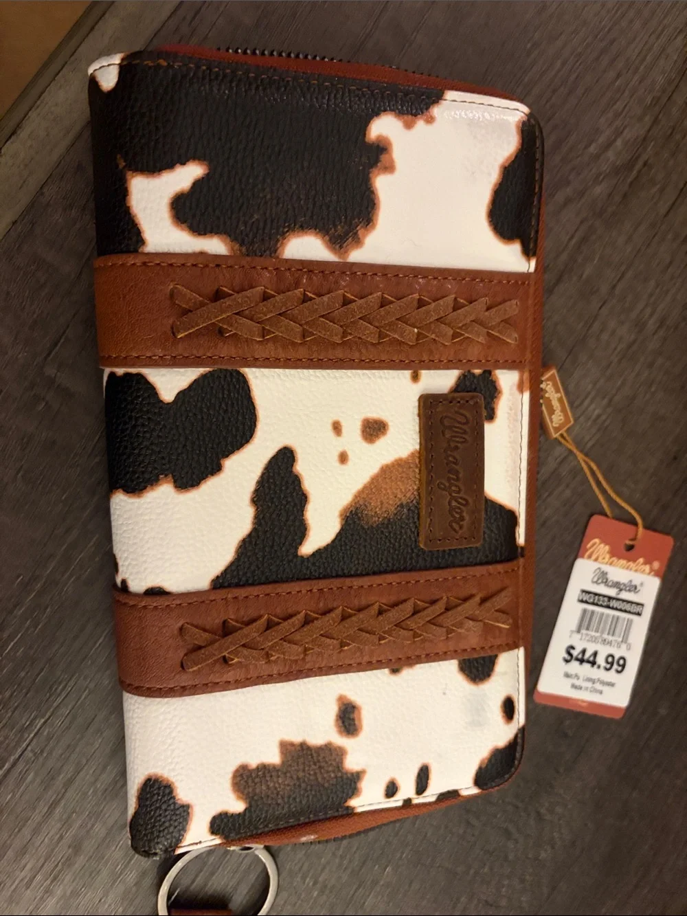 Wrangler Brown & White Cowhide-Pattern Zip Wallet with Braided Trim
